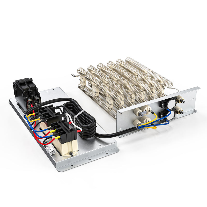 MRCOOL VersaPro 10kW packaged heat kit with element bank, control panel and breaker, angled view