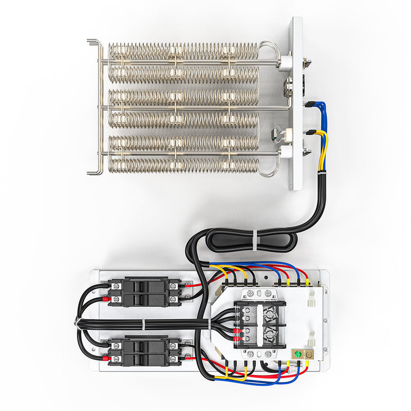 Top view of the MRCOOL VersaPro 20kW packaged heat kit with two breakers and terminal block