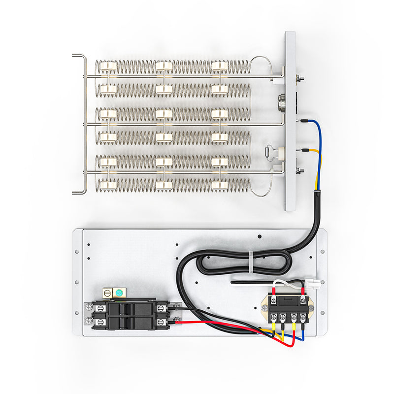 Top view of the MRCOOL VersaPro 5kW packaged heat kit showing elements, breaker and relays