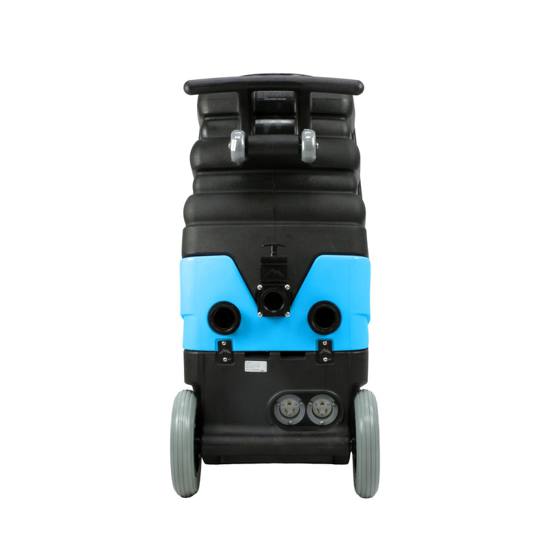 Mytee 1001DX-200 Speedster heated carpet extractor, rear view with dual twist-lock cord sockets and loading wheels