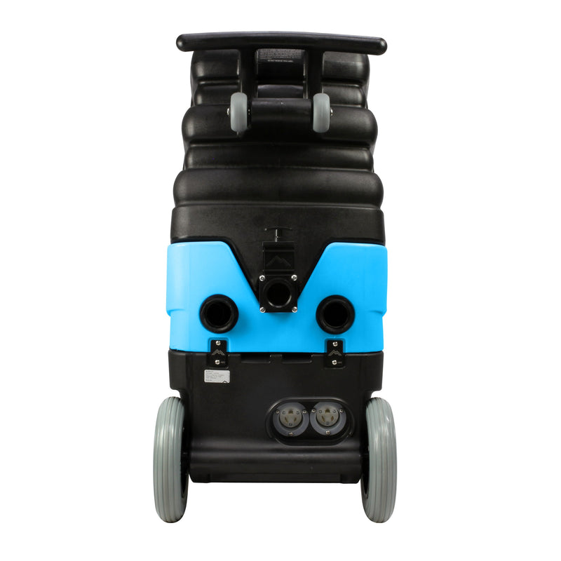 Mytee 1003DX Speedster heated carpet extractor, rear view with dual twist-lock cord sockets and loading wheels