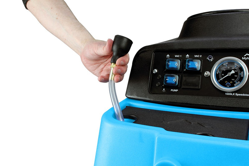 Mytee 1005LX Speedster carpet extractor, filling the solution tank with the faucet fill hose