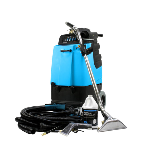Mytee 2008CS Contractor's Special heated extractor package, front left view with the 12 inch wand, 25 foot hose combo, Air Lite upholstery tool and System Maintainer