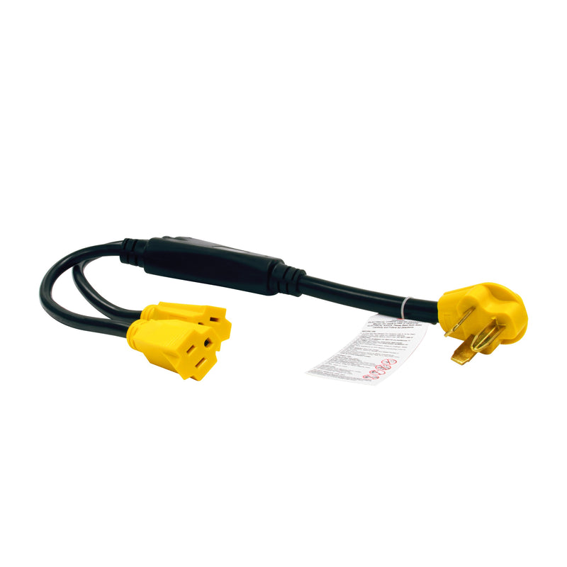 Mytee 5003 3-prong electrical converter, 230 V plug, inline breaker housing and two 115 V outlets