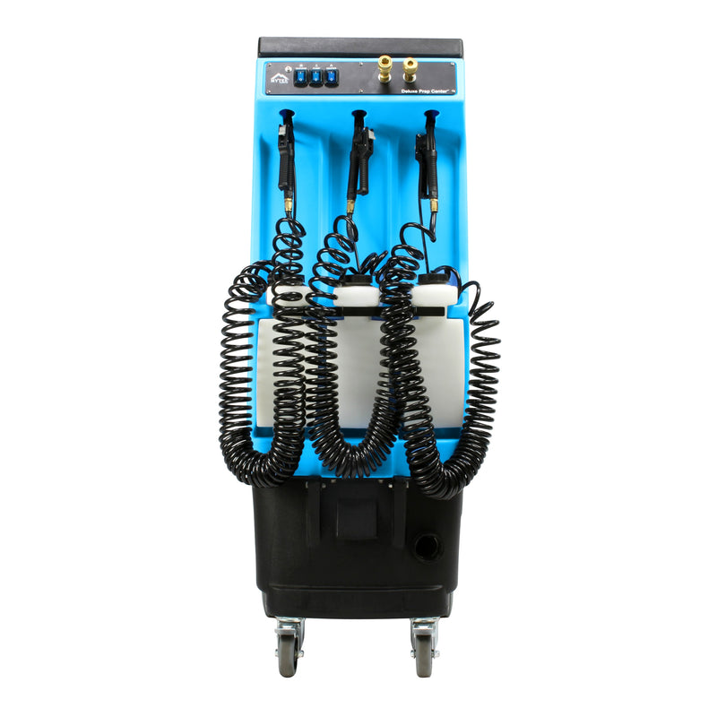 Mytee 80-120 Prep Center S all-in-one detail machine, front view showing the switch plate and coiled spray hoses