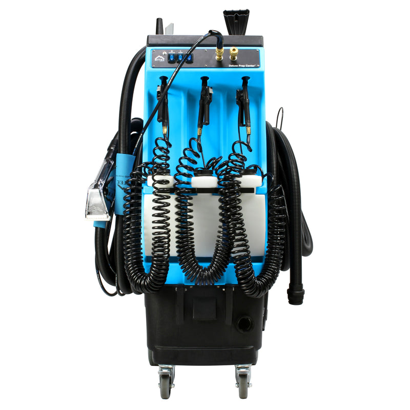 Mytee 80-120 Prep Center S all-in-one detail machine, front view with hoses and tools loaded