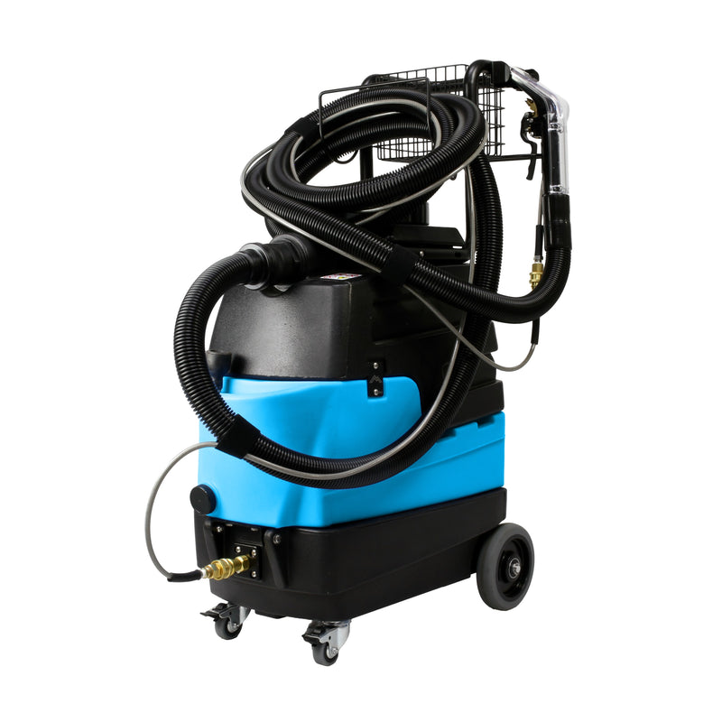 Mytee 8070 Mytee Lite heated extractor, front left three-quarter view with hose and handle