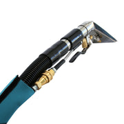 Mytee 8400 stainless steel upholstery tool, connected to vacuum and solution hoses