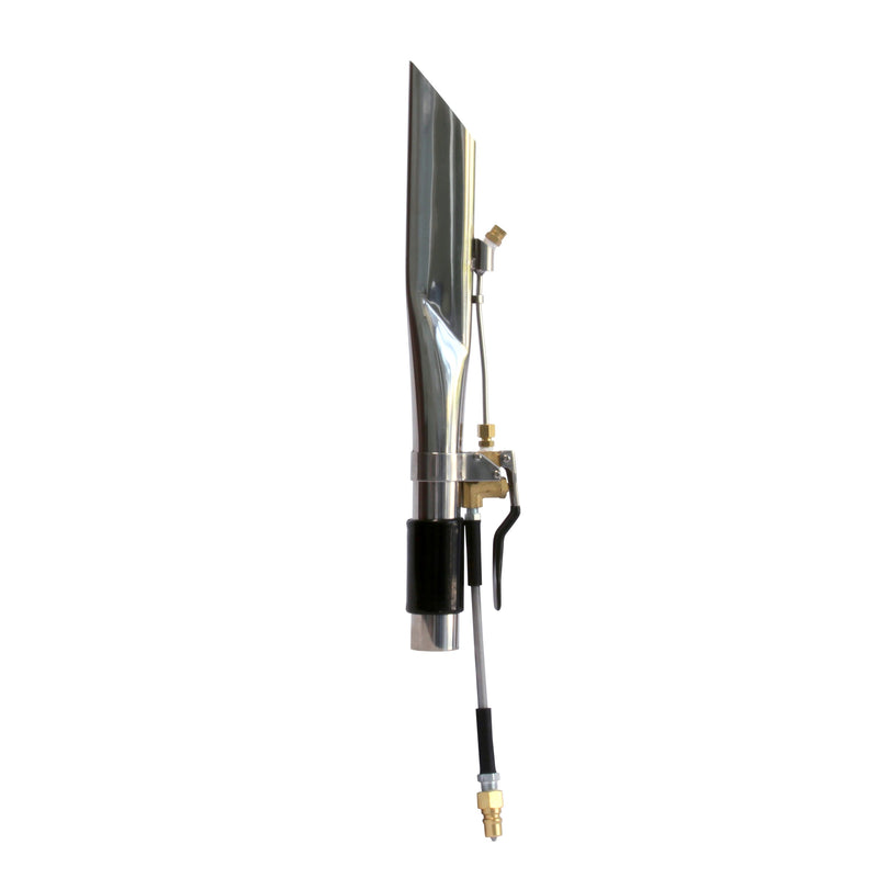 Mytee 8700 stainless steel crevice tool, front view with valve and solution lead