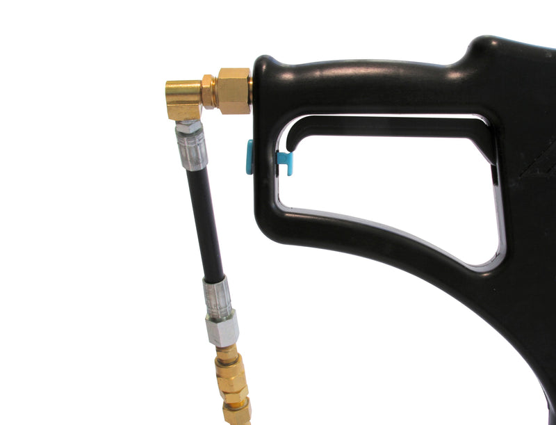 Mytee 8904 T-handle Spinner tile and grout tool, close-up of the spray trigger and quick disconnect