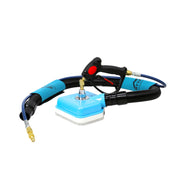 Mytee 8908 Counter Spinner tile and grout tool, three-quarter view with spray gun and lead hoses