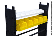Mytee A600 van shelving with bins hung on the A115 rail (bins not included)