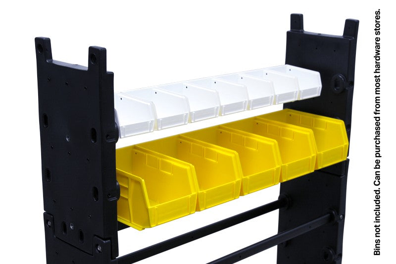 Mytee A600 van shelving with bins hung on the A115 rail (bins not included)