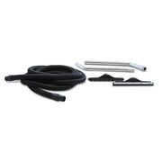 Mytee A138 Flood Hog accessory kit laid out: extraction hose, wand tubes, scalloped carpet head and squeegee head
