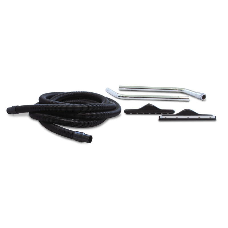 Mytee A138 Flood Hog accessory kit laid out: extraction hose, wand tubes, scalloped carpet head and squeegee head