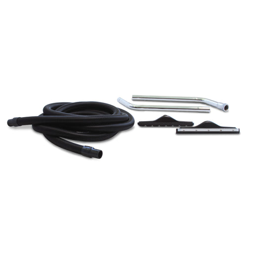 Mytee A138 Flood Hog accessory kit laid out: extraction hose, wand tubes, scalloped carpet head and squeegee head
