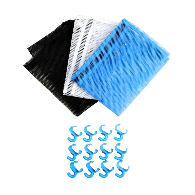 Mytee A600-NET mesh storage bags in black, white and blue with blue S-hooks