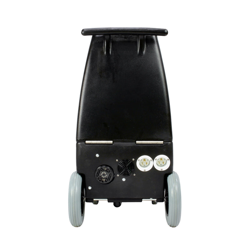 Mytee BZ-102LX Breeze carpet extractor, rear view with dual twist-lock cord sockets
