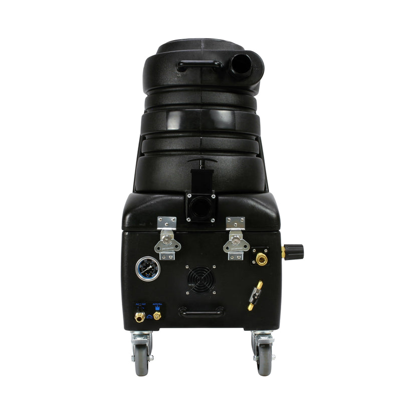 Mytee BZ-105LX-AUTO Breeze carpet extractor, front view with pressure gauge, auto-fill and pump-out connections