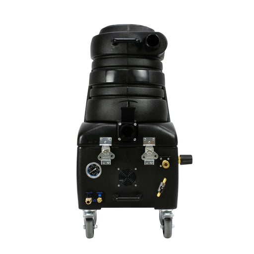 Mytee BZ-105LX-AUTO Breeze carpet extractor, front view with pressure gauge, auto-fill and pump-out connections