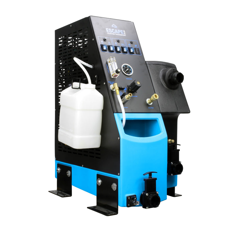 Mytee ETM-LX-PLUS Escape Plus electric truckmount, front right three-quarter view with chemical bottle