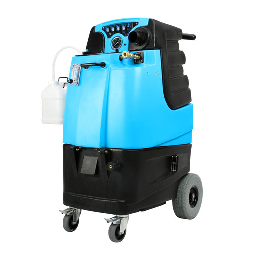 Mytee LTD3 Speedster LTD heated carpet extractor, front left three-quarter view with the 5 quart chemical bottle