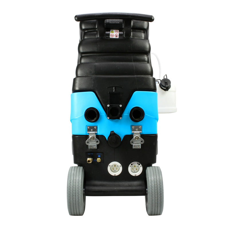 Mytee LTD3 Speedster LTD heated carpet extractor, rear view with auto-fill and pump-out connections