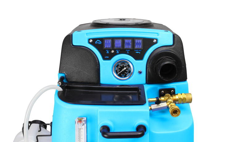 Mytee LTD5-LX Speedster LTD carpet extractor, close-up of the switch plate and pressure gauge