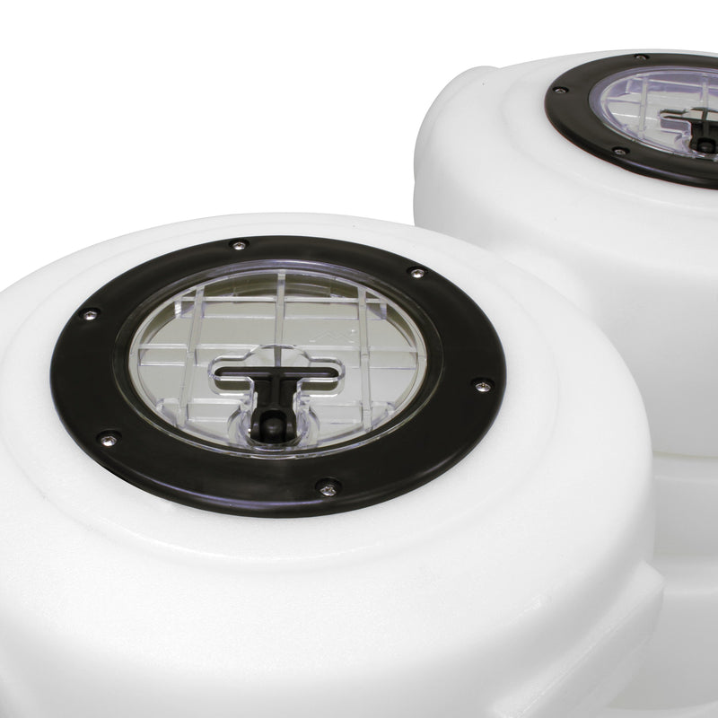 Mytee TM-54 54 gallon holding tank, close-up of the clear 7 inch lids