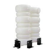 Mytee TM-54 54 gallon holding tank, front three-quarter view showing the two tank columns, drain valve and brackets