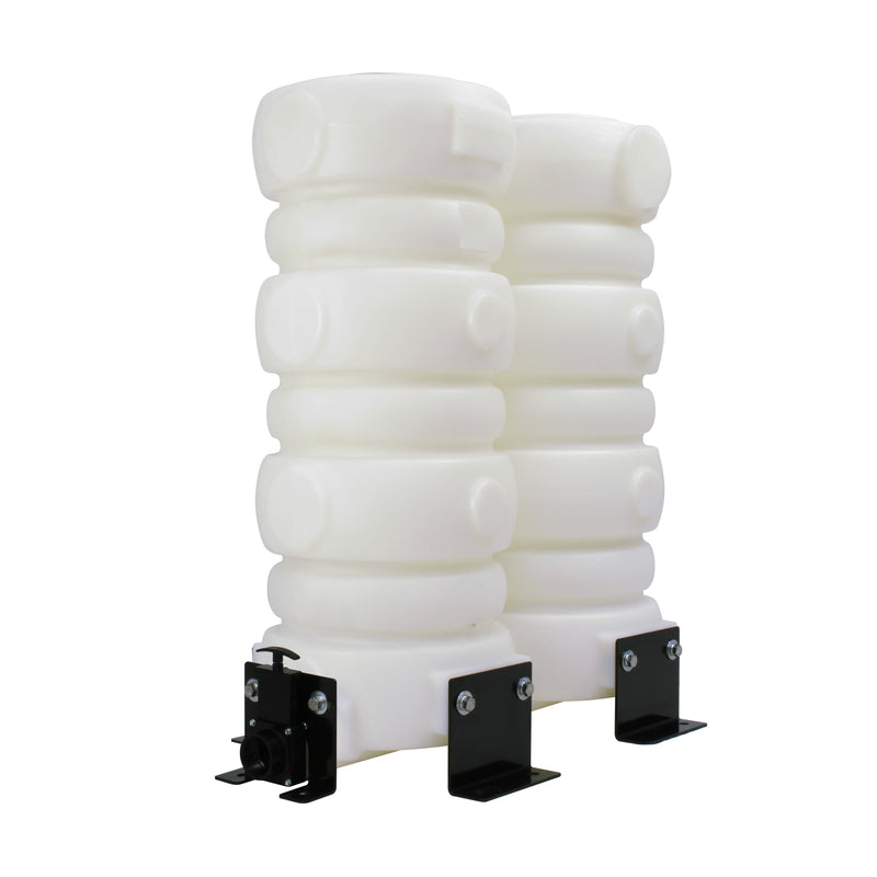 Mytee TM-54 54 gallon holding tank, front three-quarter view showing the two tank columns, drain valve and brackets