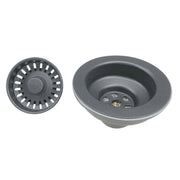 Nantucket Sinks 3.5KD-GCTI titanium basket strainer beside the drain body, angled view