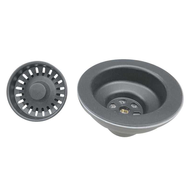 Nantucket Sinks 3.5KD-GCTI titanium basket strainer beside the drain body, angled view