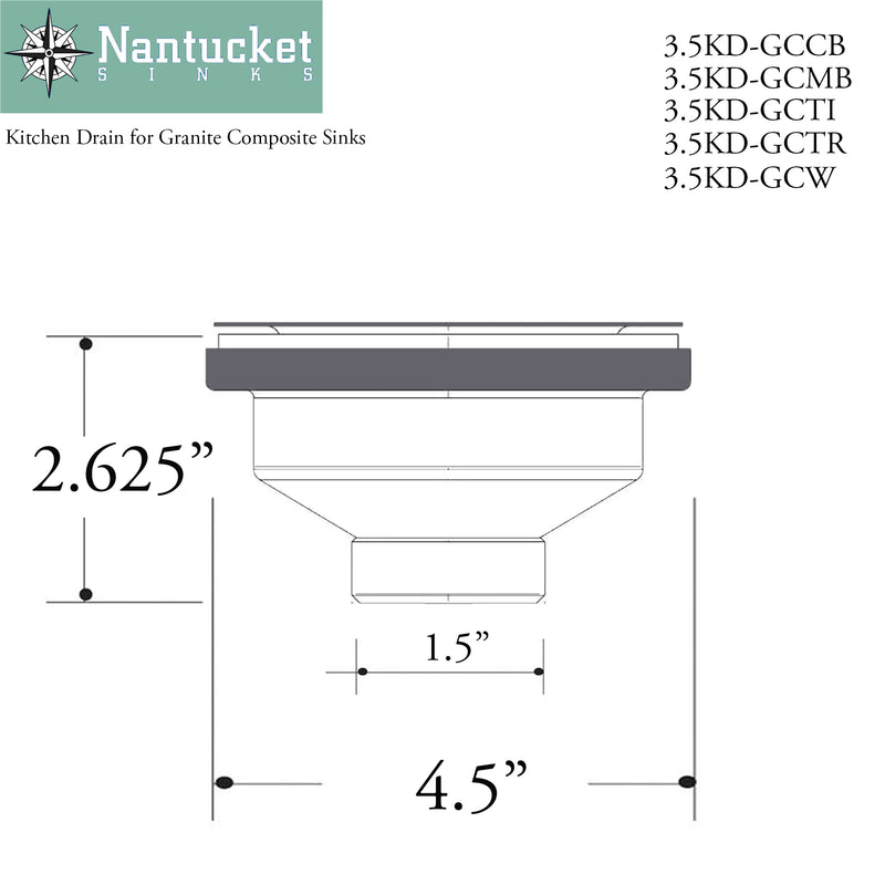Nantucket Sinks 3.5KD-GCTI dimensional drawing of the granite composite kitchen drain, 4.5" flange and 2.625" height