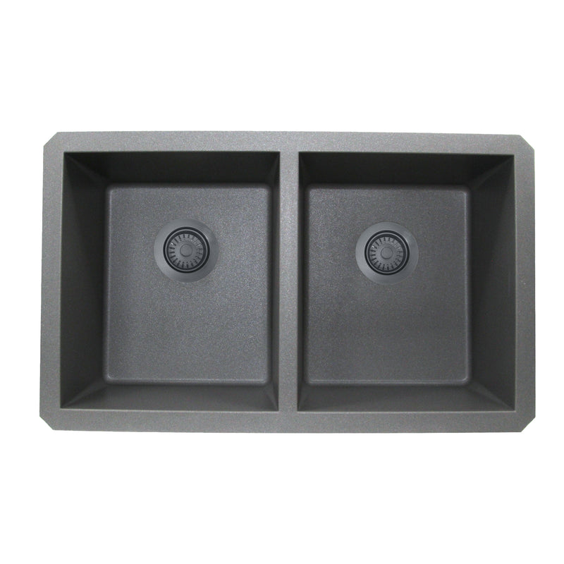 Nantucket Sinks 3.5KD-GCTI titanium drains installed in a titanium double-bowl granite composite sink, top view