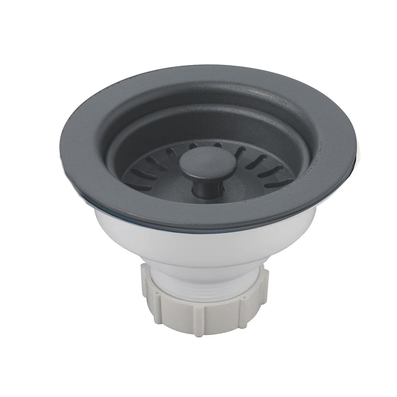 Nantucket Sinks 3.5KD-GCTI titanium granite composite sink drain, three-quarter view with strainer, white background