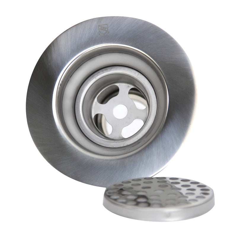 Nantucket Sinks 3CHGR grid drain body open with the strainer plate set beside it