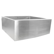 Nantucket Sinks APRON2420-SR-16 low view of the curved stainless apron front and bowl rim
