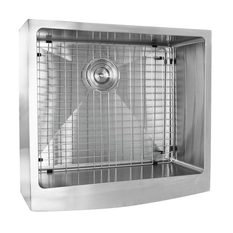 Nantucket Sinks APRON2420-SR-16 angled top view of the bottom grid seated around the rear drain