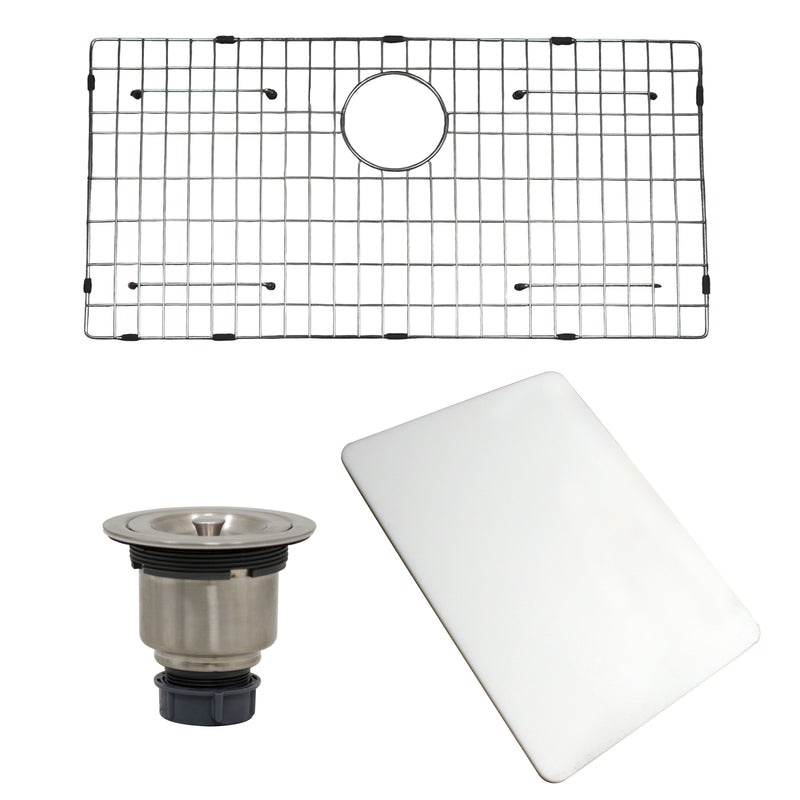 Nantucket Sinks AW-PS-3219-16 included bottom grid, basket strainer drain and white cutting board