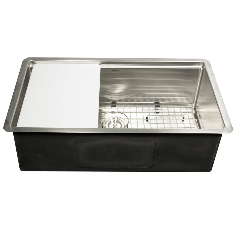 Nantucket Sinks AW-PS-3219-16 front view showing the ledge, cutting board and insulated underside
