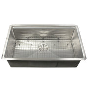 Nantucket Sinks AW-PS-3219-16 front view with the bottom grid and basket strainer, board removed