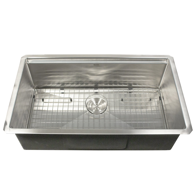 Nantucket Sinks AW-PS-3219-16 front view with the bottom grid and basket strainer, board removed