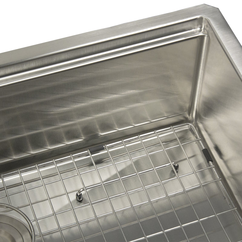 Nantucket Sinks AW-PS-3219-16 close-up of the bottom grid and brushed 316 stainless bowl