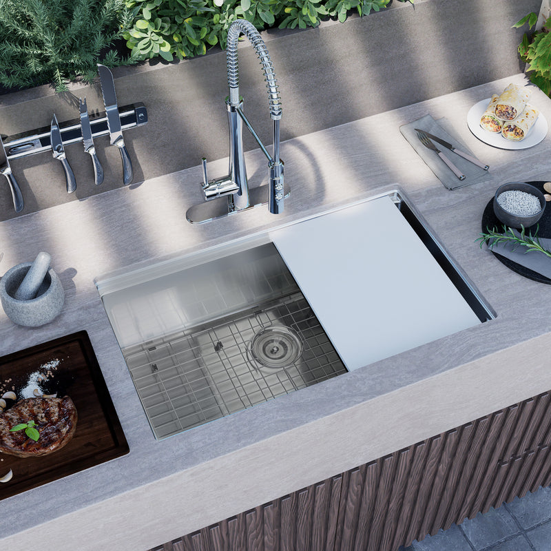 Nantucket Sinks AW-PS-3219-16 overhead view in an outdoor kitchen with board on the ledge