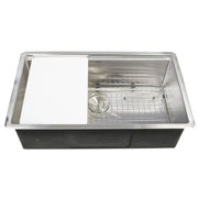 Nantucket Sinks AW-PS-3219-16 outdoor prep station sink with cutting board and grid, white background