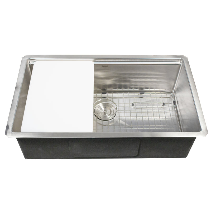 Nantucket Sinks AW-PS-3219-16 outdoor prep station sink with cutting board and grid, white background