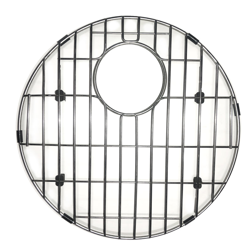 Nantucket Sinks BG37 round stainless steel bottom grid with rear drain cutout, top view, white background