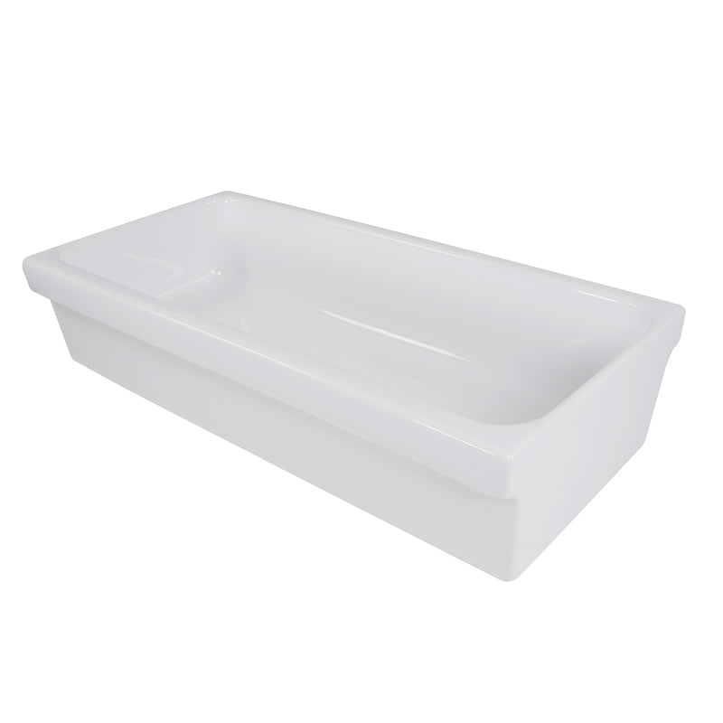 Nantucket Sinks Canal35-90 white fireclay vessel sink, three-quarter view of the long rectangular basin
