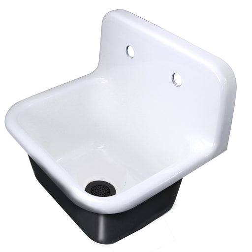 Nantucket Sinks CI-2218-FBMBLSET cast iron utility sink from the side showing the backsplash and matte black drain
